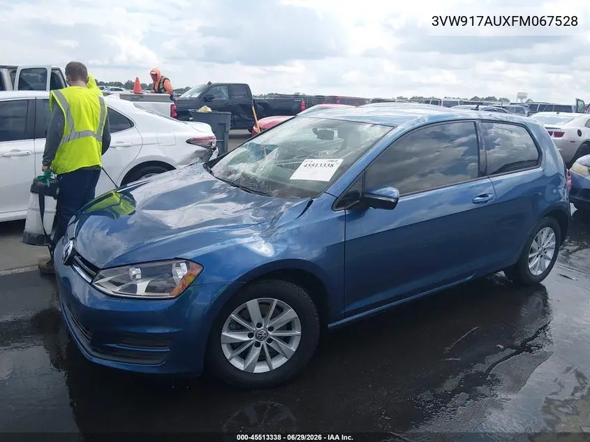2015 Volkswagen Golf Tsi S 2-Door VIN: 3VW917AUXFM067528 Lot: 45513338