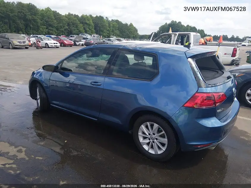 2015 Volkswagen Golf Tsi S 2-Door VIN: 3VW917AUXFM067528 Lot: 45513338