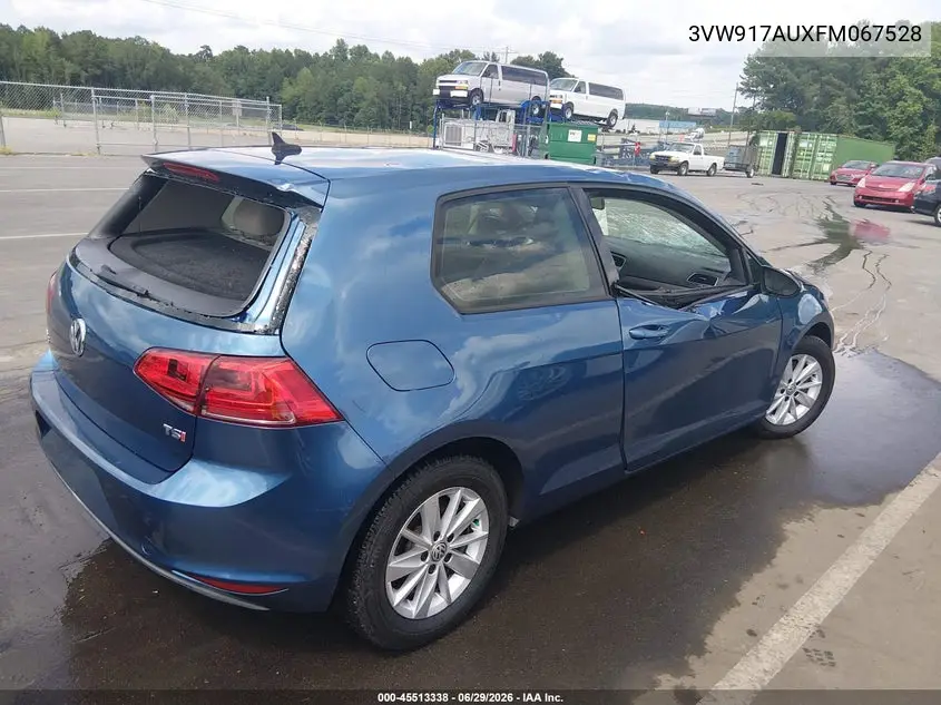 2015 Volkswagen Golf Tsi S 2-Door VIN: 3VW917AUXFM067528 Lot: 45513338
