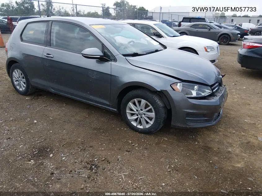 2015 Volkswagen Golf Tsi S 2-Door VIN: 3VW917AU5FM057733 Lot: 45676048