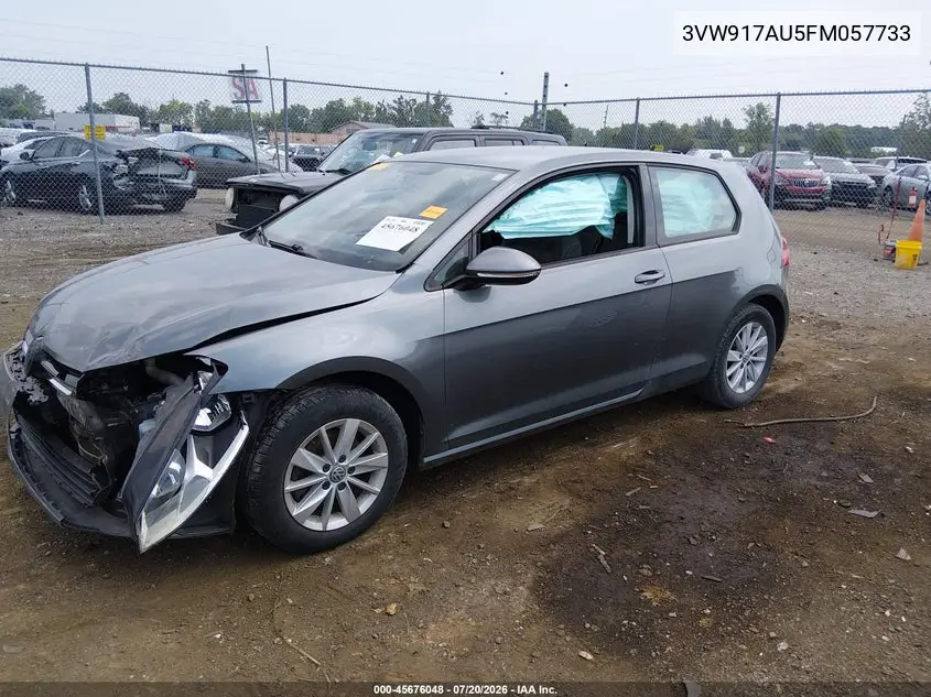 2015 Volkswagen Golf Tsi S 2-Door VIN: 3VW917AU5FM057733 Lot: 45676048