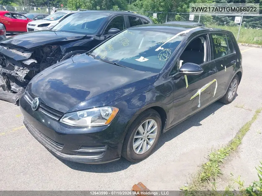 2016 Volkswagen Golf 1.8 Tsi Comfortline/1.8 Tsi Highline/1.8 Tsi Trendline VIN: 3VW217AU1GM068022 Lot: 12643590