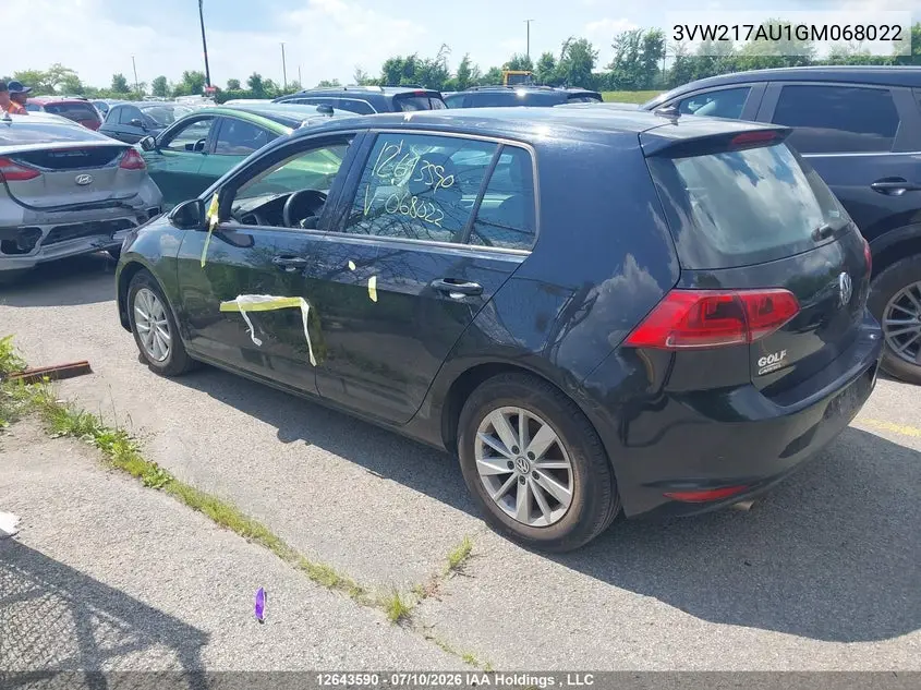 2016 Volkswagen Golf 1.8 Tsi Comfortline/1.8 Tsi Highline/1.8 Tsi Trendline VIN: 3VW217AU1GM068022 Lot: 12643590