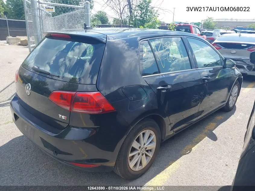 2016 Volkswagen Golf 1.8 Tsi Comfortline/1.8 Tsi Highline/1.8 Tsi Trendline VIN: 3VW217AU1GM068022 Lot: 12643590
