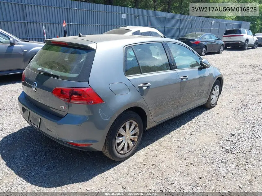 2016 Volkswagen Golf Tsi S 4-Door VIN: 3VW217AU5GM016828 Lot: 45268057