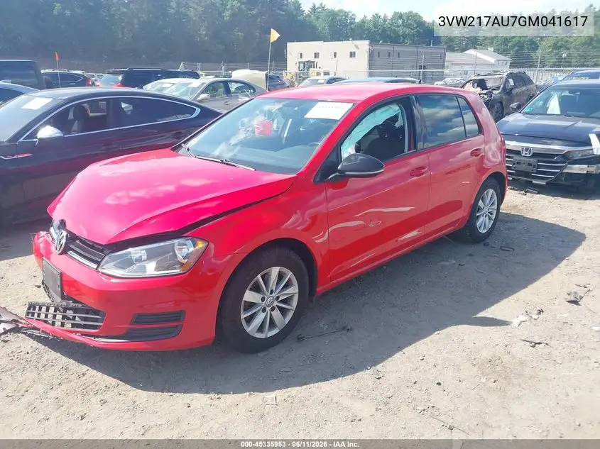 2016 Volkswagen Golf Tsi S 4-Door VIN: 3VW217AU7GM041617 Lot: 45335953