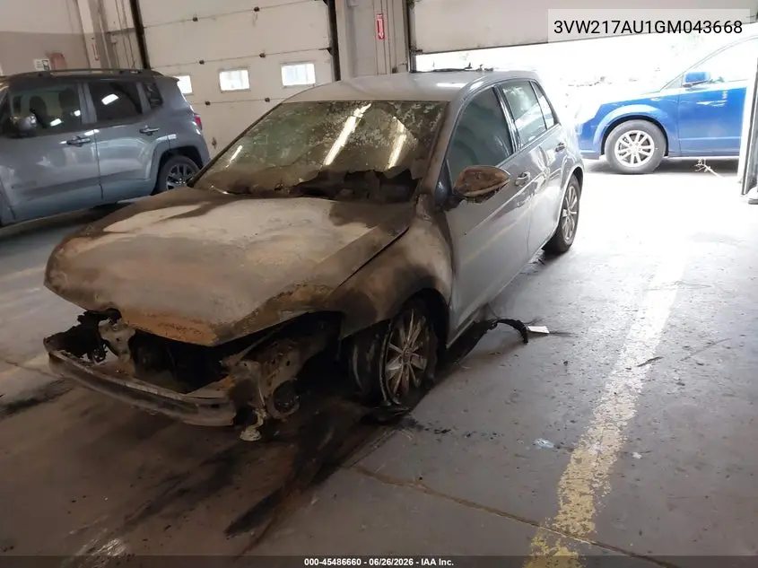 2016 Volkswagen Golf Tsi S 4-Door VIN: 3VW217AU1GM043668 Lot: 45486660