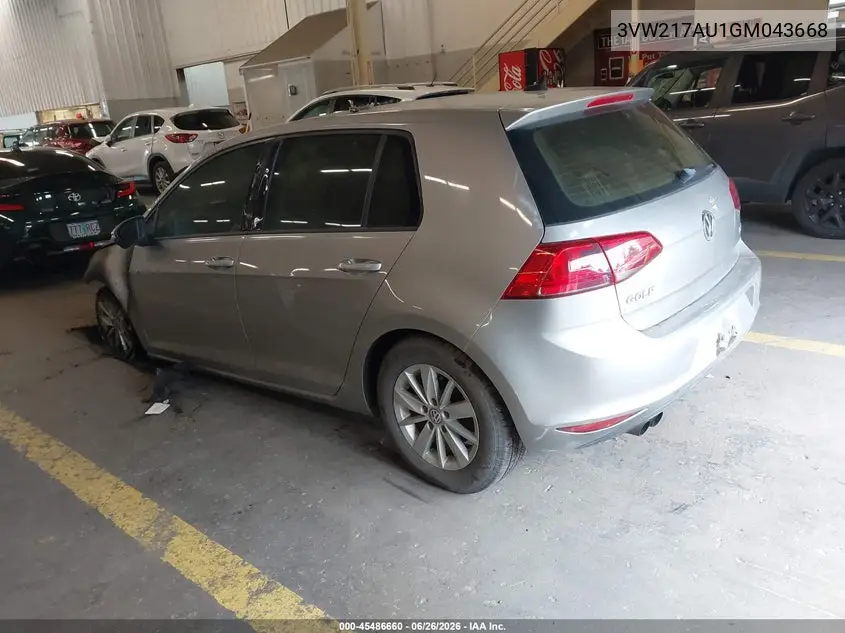 2016 Volkswagen Golf Tsi S 4-Door VIN: 3VW217AU1GM043668 Lot: 45486660