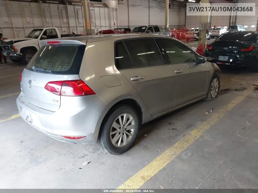 2016 Volkswagen Golf Tsi S 4-Door VIN: 3VW217AU1GM043668 Lot: 45486660