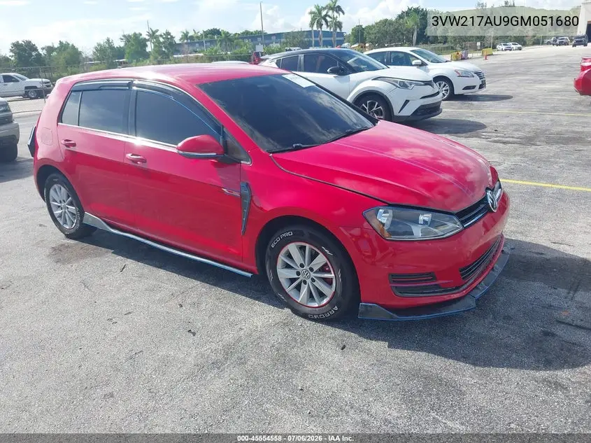 2016 Volkswagen Golf Tsi S 4-Door VIN: 3VW217AU9GM051680 Lot: 45554558