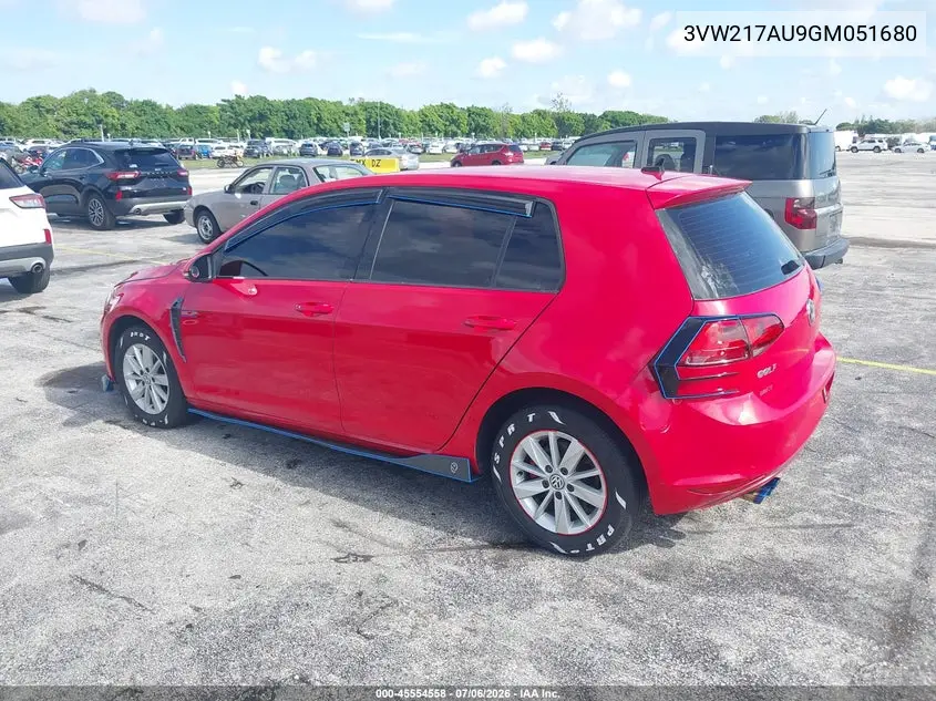 2016 Volkswagen Golf Tsi S 4-Door VIN: 3VW217AU9GM051680 Lot: 45554558