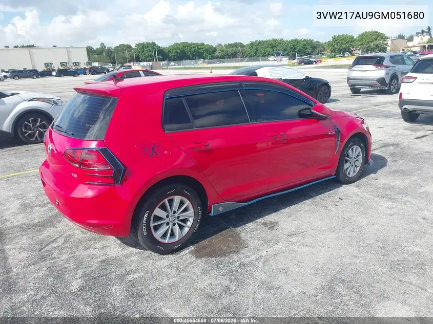 2016 Volkswagen Golf Tsi S 4-Door VIN: 3VW217AU9GM051680 Lot: 45554558