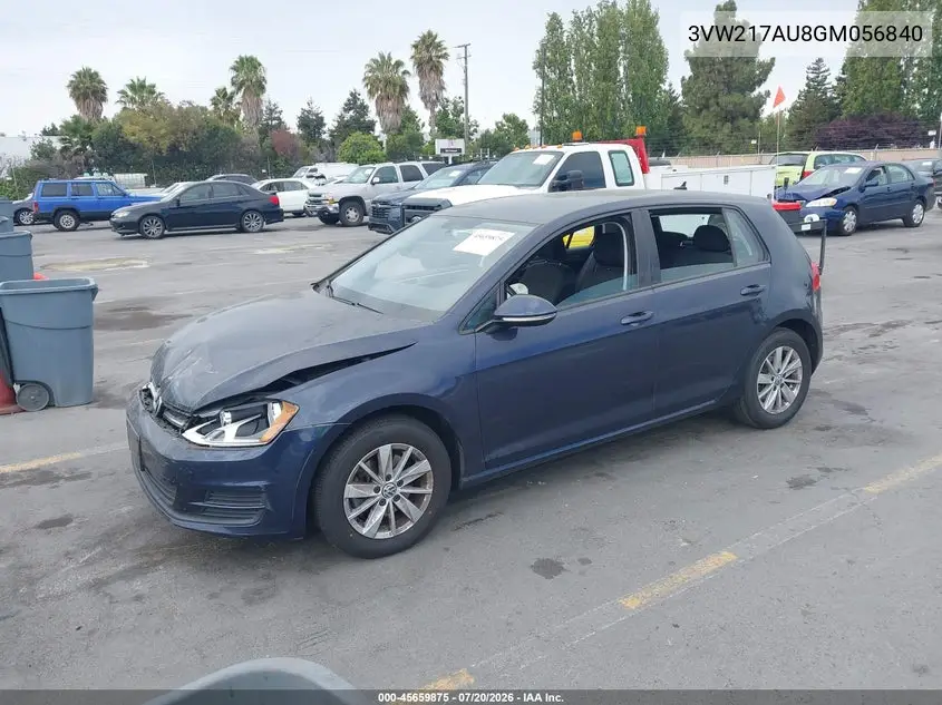 2016 Volkswagen Golf Tsi S 4-Door VIN: 3VW217AU8GM056840 Lot: 45659875