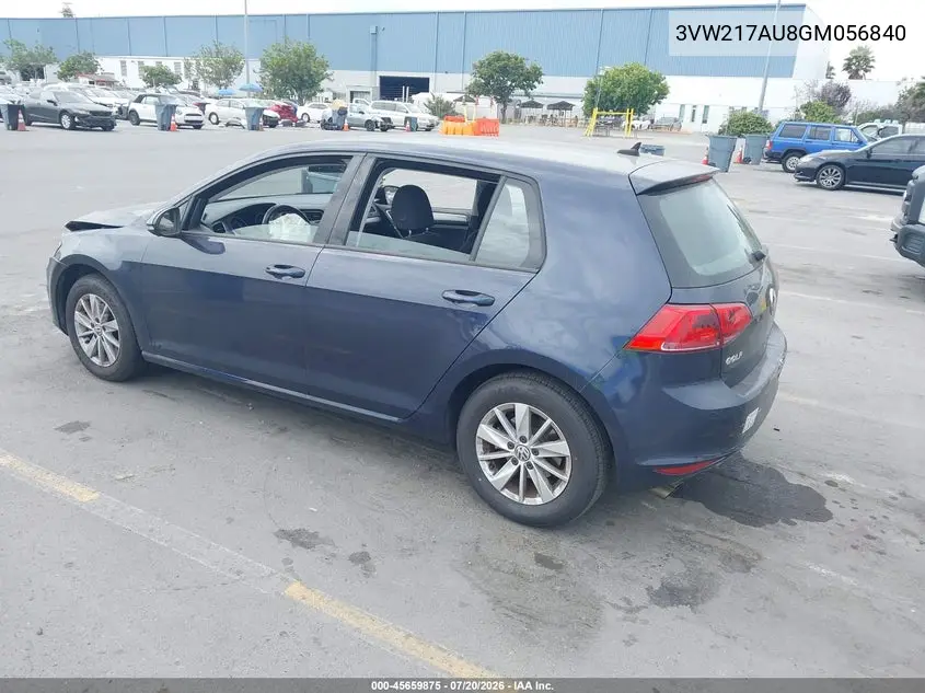 2016 Volkswagen Golf Tsi S 4-Door VIN: 3VW217AU8GM056840 Lot: 45659875