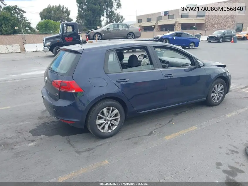 2016 Volkswagen Golf Tsi S 4-Door VIN: 3VW217AU8GM056840 Lot: 45659875