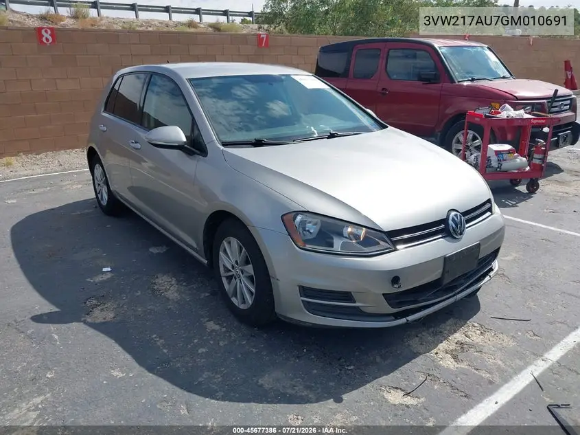 2016 Volkswagen Golf Tsi S 4-Door VIN: 3VW217AU7GM010691 Lot: 45677386