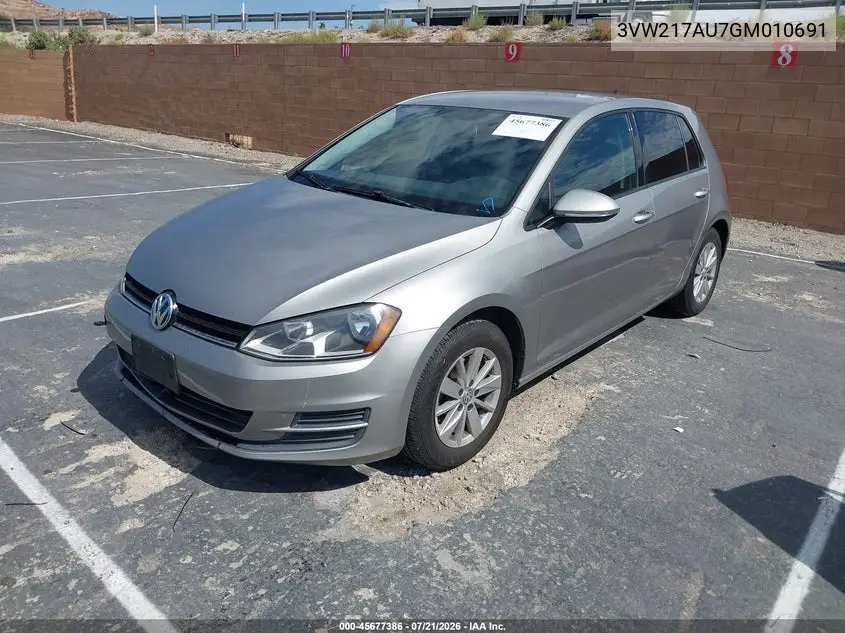 2016 Volkswagen Golf Tsi S 4-Door VIN: 3VW217AU7GM010691 Lot: 45677386