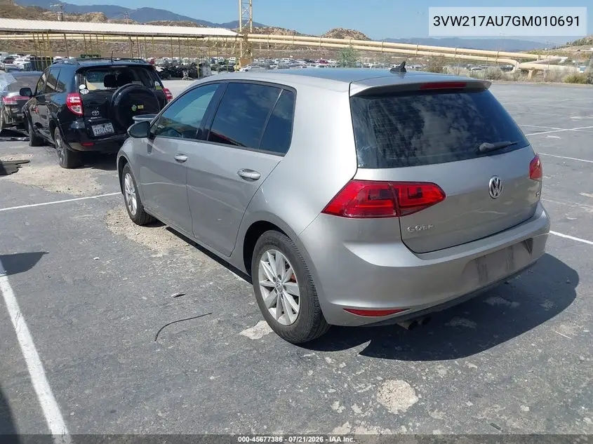 2016 Volkswagen Golf Tsi S 4-Door VIN: 3VW217AU7GM010691 Lot: 45677386