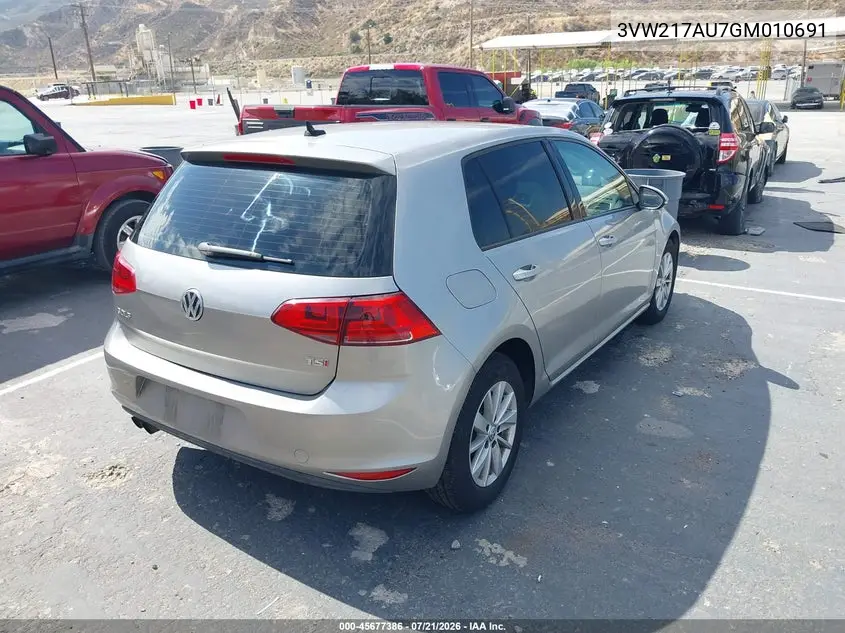 2016 Volkswagen Golf Tsi S 4-Door VIN: 3VW217AU7GM010691 Lot: 45677386