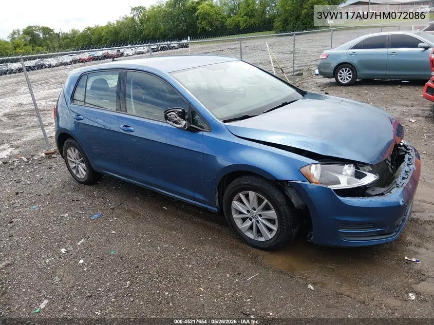 2017 Volkswagen Golf Tsi S 4-Door/Tsi Wolfsburg Edition 4-Door VIN: 3VW117AU7HM072086 Lot: 45217654