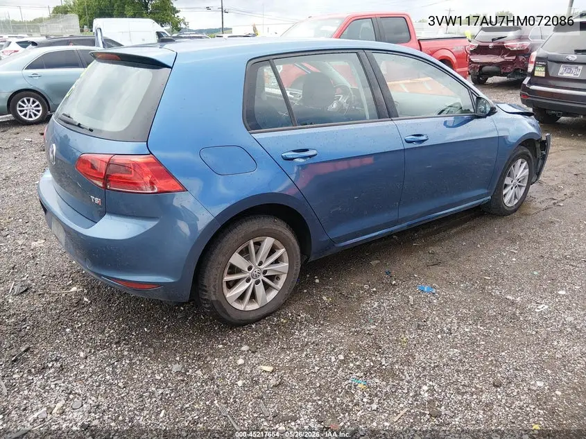 2017 Volkswagen Golf Tsi S 4-Door/Tsi Wolfsburg Edition 4-Door VIN: 3VW117AU7HM072086 Lot: 45217654