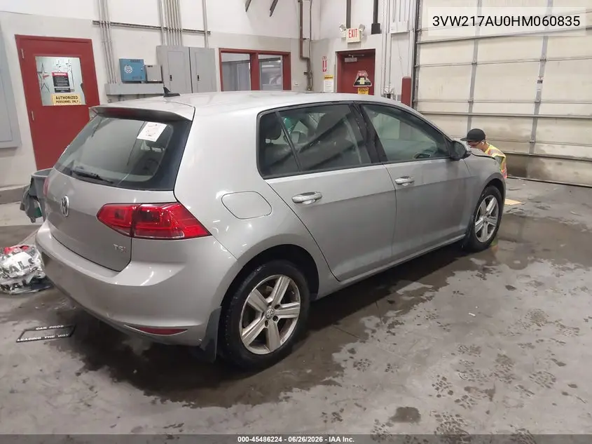 2017 Volkswagen Golf Tsi S 4-Door/Tsi Se 4-Door/Tsi Sel 4-Door/Tsi Wolfsburg Edition 4-Door VIN: 3VW217AU0HM060835 Lot: 45486224