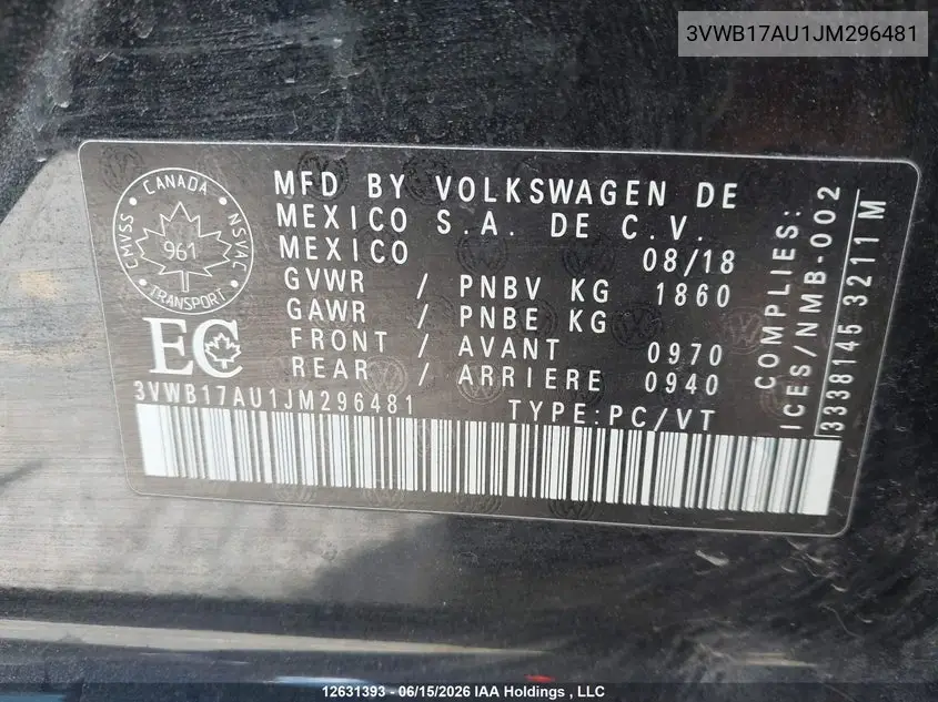 2018 Volkswagen Golf S/Se VIN: 3VWB17AU1JM296481 Lot: 12631393
