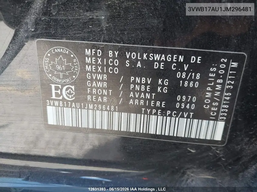 2018 Volkswagen Golf S/Se VIN: 3VWB17AU1JM296481 Lot: 12631393