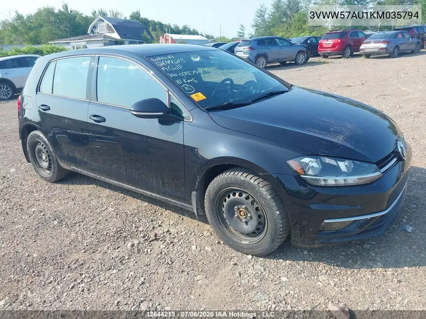2019 Volkswagen Golf 1.4 Tsi Comfortline/1.4 Tsi Execline/1.4 Tsi Highline VIN: 3VWW57AU1KM035794 Lot: 12644213X
