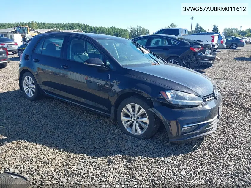 2019 Volkswagen Golf 1.4T S/1.4T Se VIN: 3VWG57AU8KM011612 Lot: 45339308