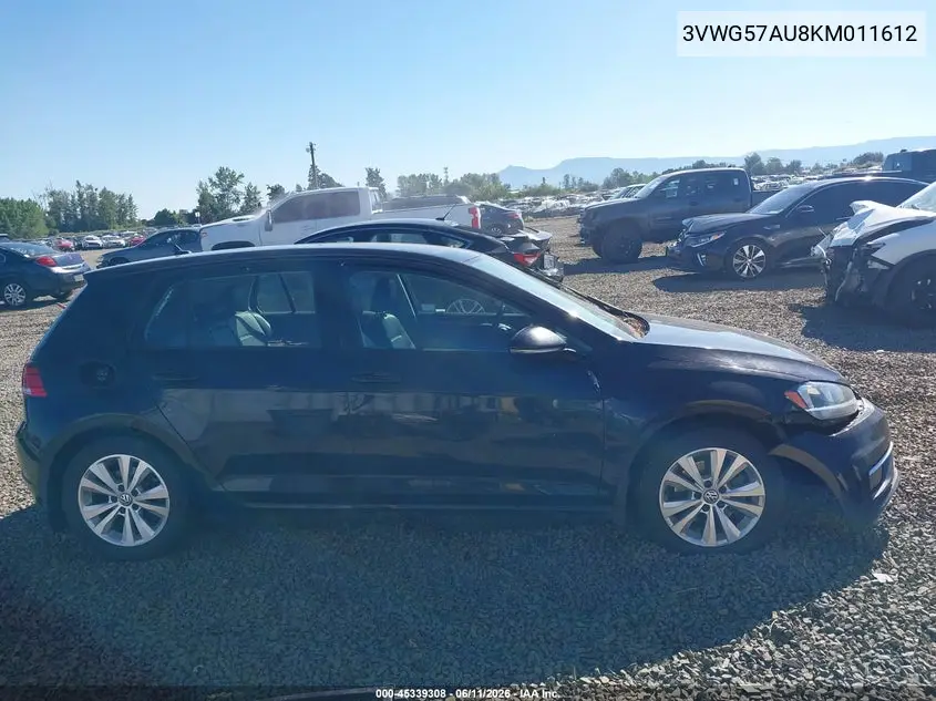 2019 Volkswagen Golf 1.4T S/1.4T Se VIN: 3VWG57AU8KM011612 Lot: 45339308