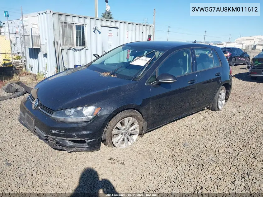 2019 Volkswagen Golf 1.4T S/1.4T Se VIN: 3VWG57AU8KM011612 Lot: 45339308