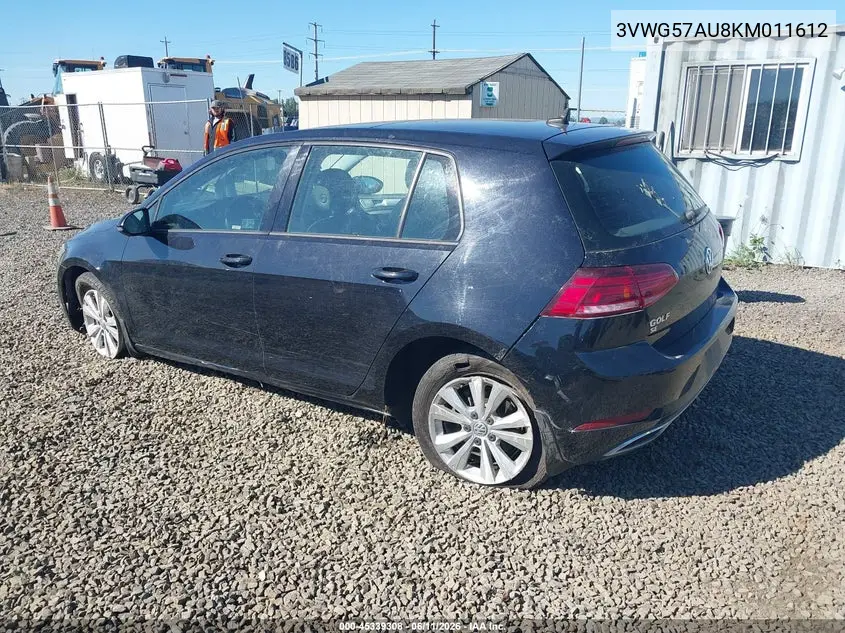 2019 Volkswagen Golf 1.4T S/1.4T Se VIN: 3VWG57AU8KM011612 Lot: 45339308