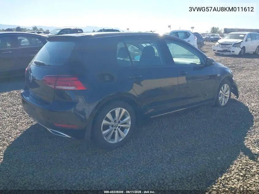 2019 Volkswagen Golf 1.4T S/1.4T Se VIN: 3VWG57AU8KM011612 Lot: 45339308