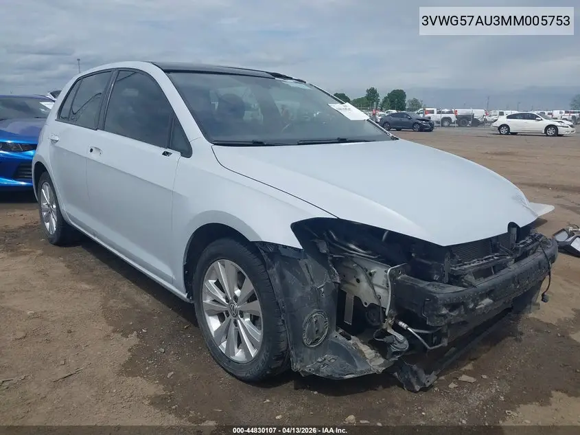2021 Volkswagen Golf 1.4T Tsi VIN: 3VWG57AU3MM005753 Lot: 44830107