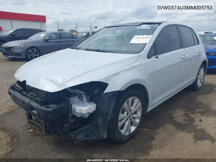 2021 Volkswagen Golf 1.4T Tsi VIN: 3VWG57AU3MM005753 Lot: 44830107