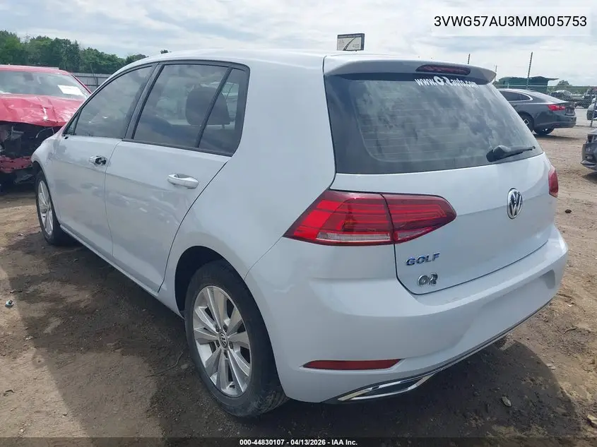 2021 Volkswagen Golf 1.4T Tsi VIN: 3VWG57AU3MM005753 Lot: 44830107