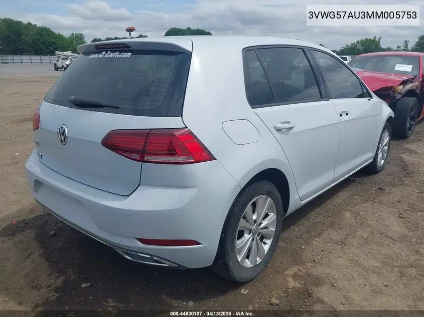 2021 Volkswagen Golf 1.4T Tsi VIN: 3VWG57AU3MM005753 Lot: 44830107