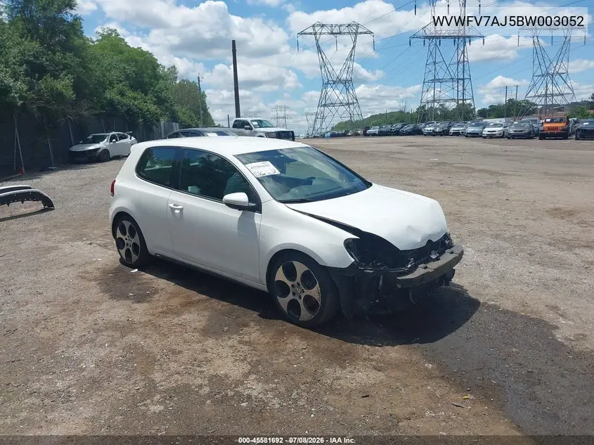 2011 Volkswagen Gti 2-Door/2-Door Autobahn VIN: WVWFV7AJ5BW003052 Lot: 45581692