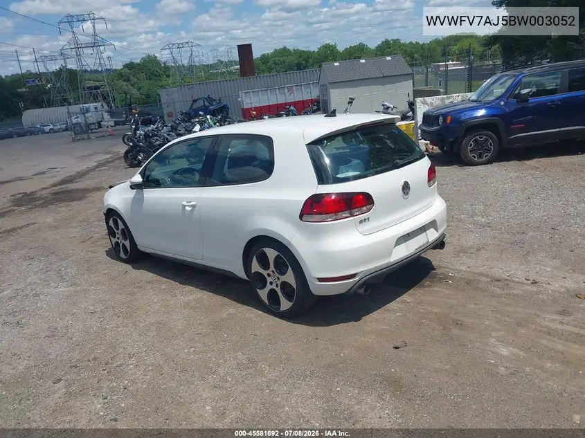 2011 Volkswagen Gti 2-Door/2-Door Autobahn VIN: WVWFV7AJ5BW003052 Lot: 45581692