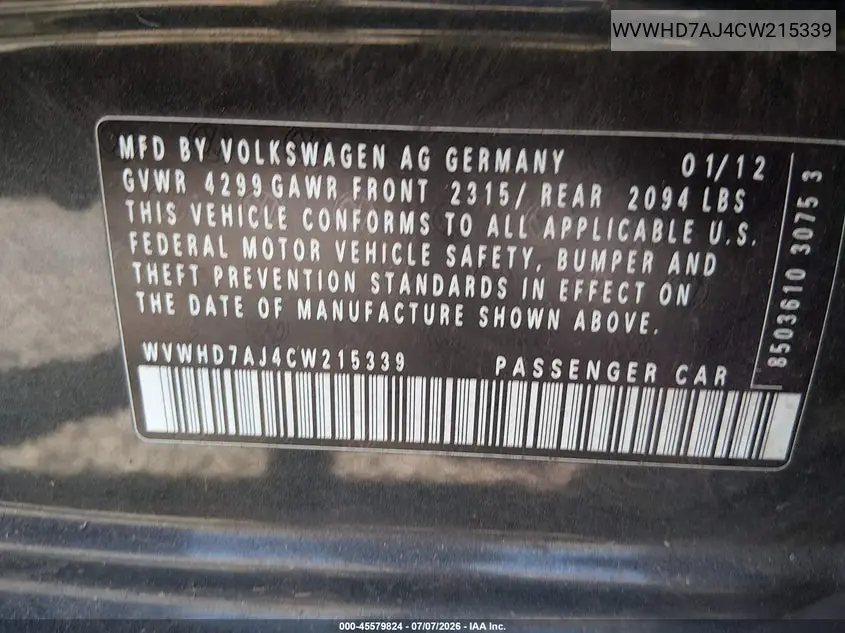 2012 Volkswagen Gti 4-Door VIN: WVWHD7AJ4CW215339 Lot: 45579824