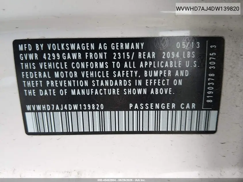2013 Volkswagen Gti Wolfsburg Edition VIN: WVWHD7AJ4DW139820 Lot: 45482804