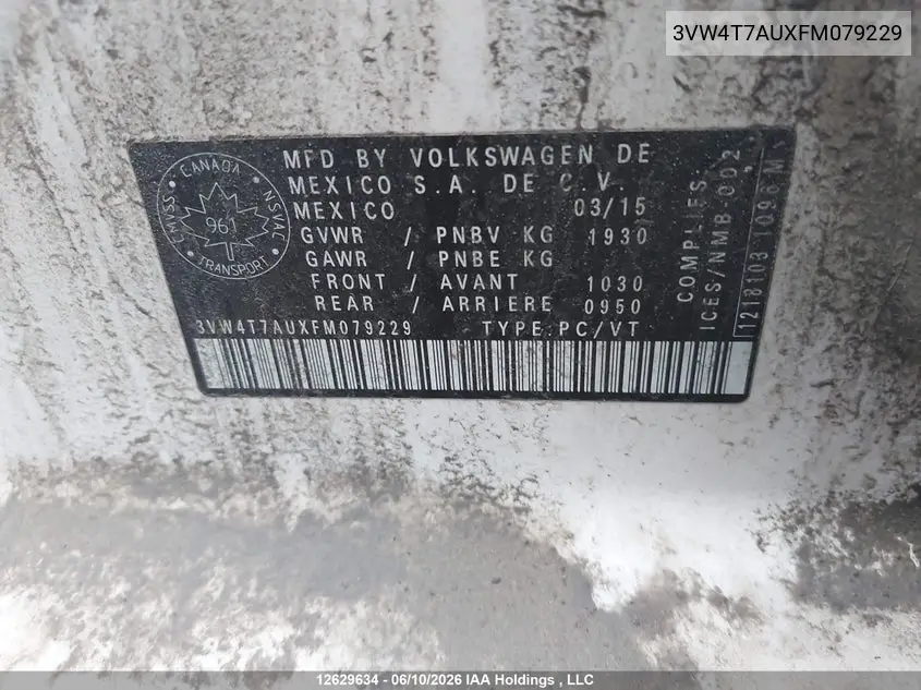 2015 Volkswagen Gti VIN: 3VW4T7AUXFM079229 Lot: 12629634