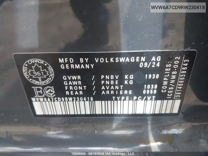 2024 Volkswagen Gti Performance VIN: WVW6A7CD9RW230418 Lot: 12609805