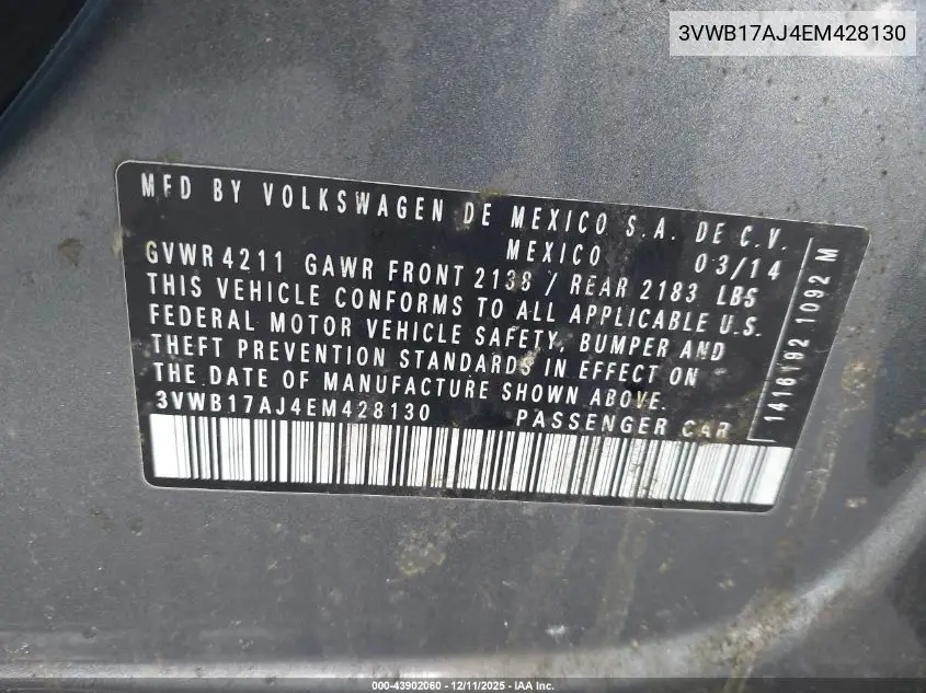 3VWB17AJ4EM428130 2014 Volkswagen Jetta 1.8T Se