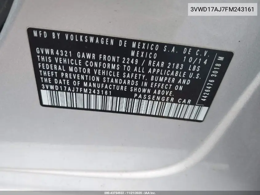 3VWD17AJ7FM243161 2015 Volkswagen Jetta 1.8T Se
