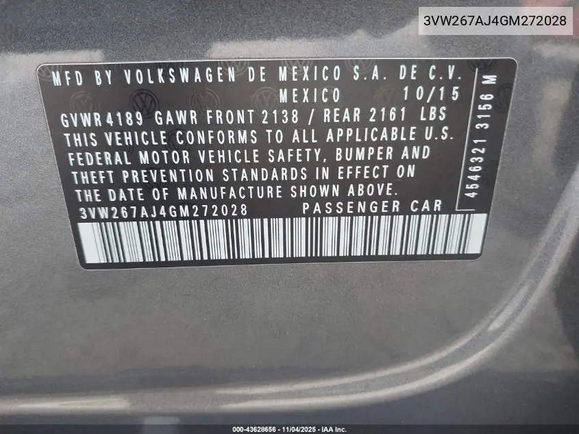 3VW267AJ4GM272028 2016 Volkswagen Jetta 1.4T S