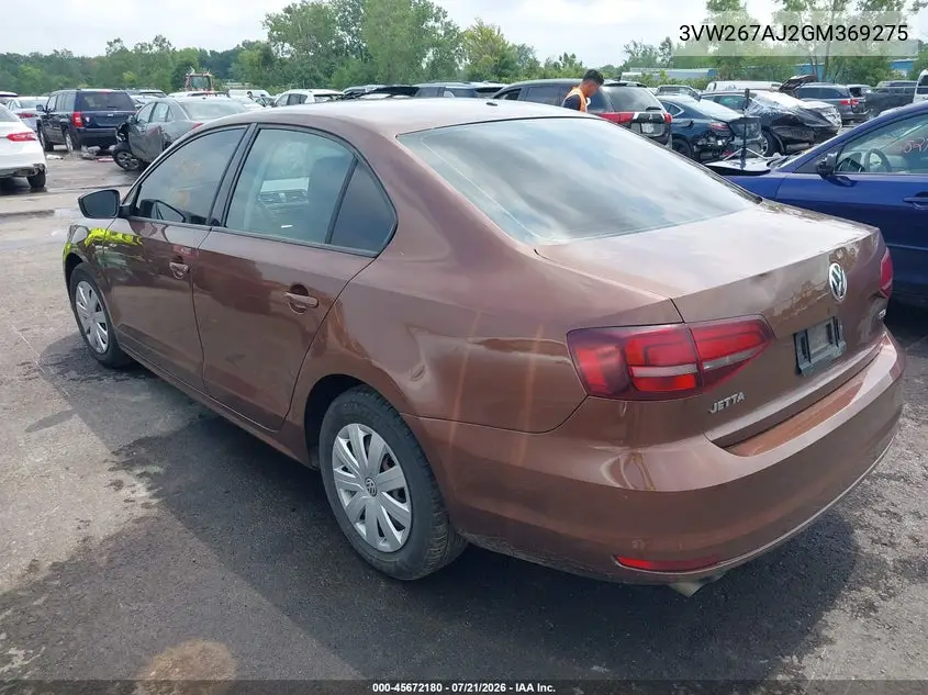 2016 Volkswagen Jetta 1.4T S VIN: 3VW267AJ2GM369275 Lot: 45672180