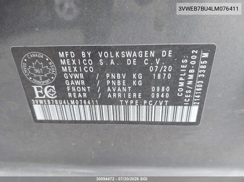 2020 Volkswagen Jetta Sel VIN: 3VWEB7BU4LM076411 Lot: 30094472