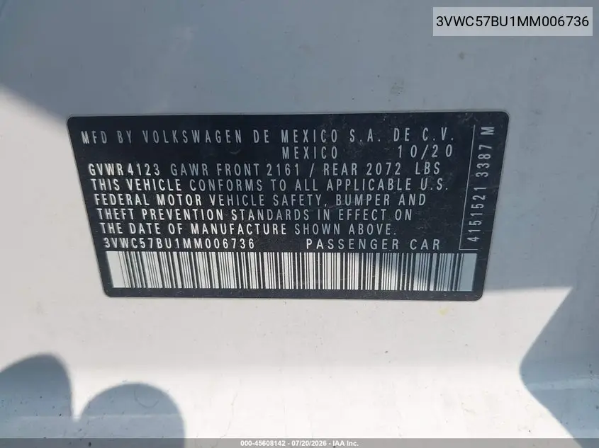 2021 Volkswagen Jetta 1.4T R-Line/1.4T Se/S VIN: 3VWC57BU1MM006736 Lot: 45608142